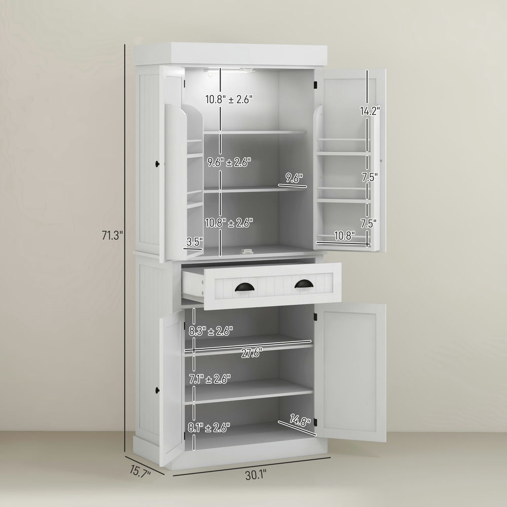 Resenkos Kitchen Pantry,71" Kitchen Pantry Cabinet with LED Lights, 6 Door Shelves, a Drawer and 4 Adjustable Shelves, White