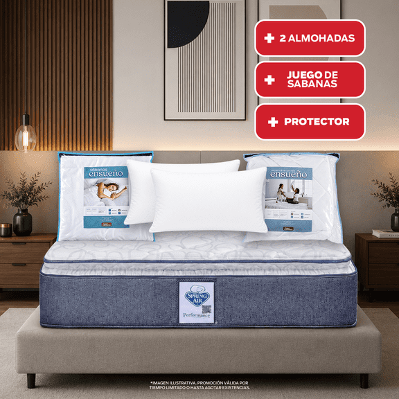 Colchon Spring Air Vendome Matrimonial + 2 Almohadas SC + 1 Protector de Colchon Ensueño + 1 Juego de Sabanas Ensueño Spring Air Vendome
