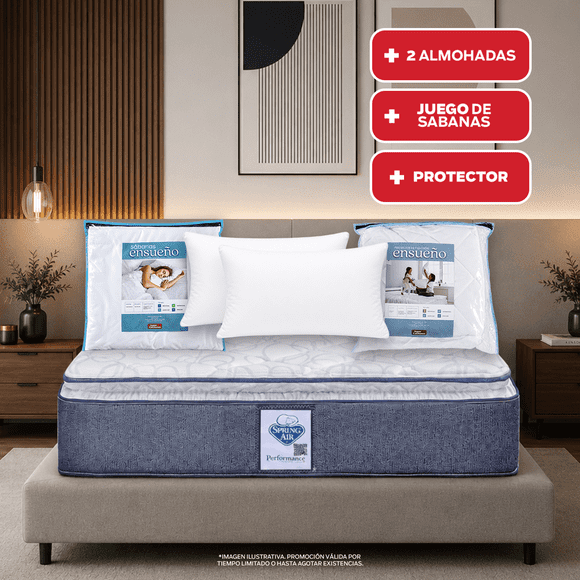 Colchon Spring Air Vendome Matrimonial + 2 Almohadas SC + 1 Protector de Colchon Ensueño + 1 Juego de Sabanas Ensueño Spring Air Vendome