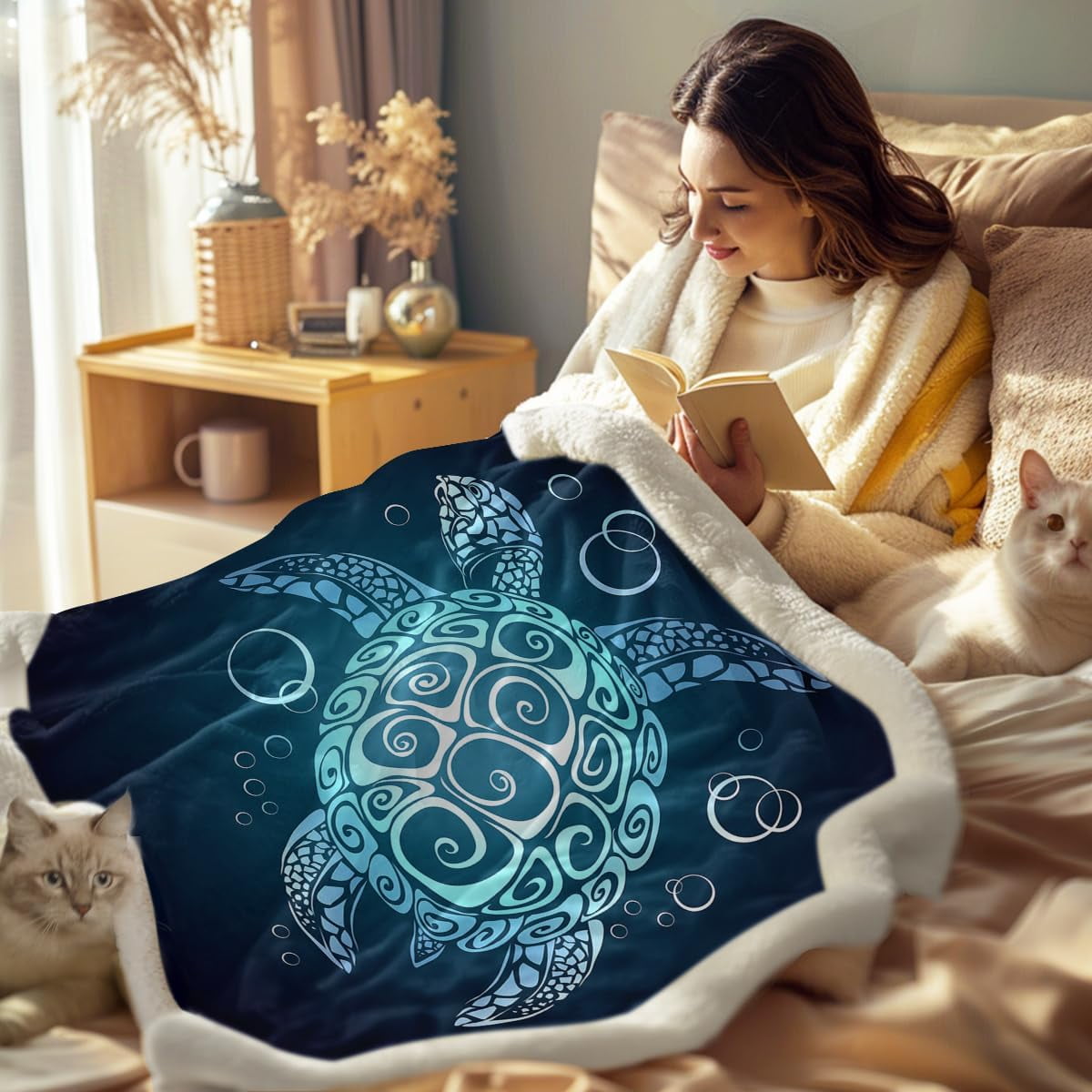 Turtle Fleece Blanket for Boys Girls Beach Theme Plush Sherpa Throw Blanket Teal Turquoise for Kids s (Throw 50''''''''x60'''''''')