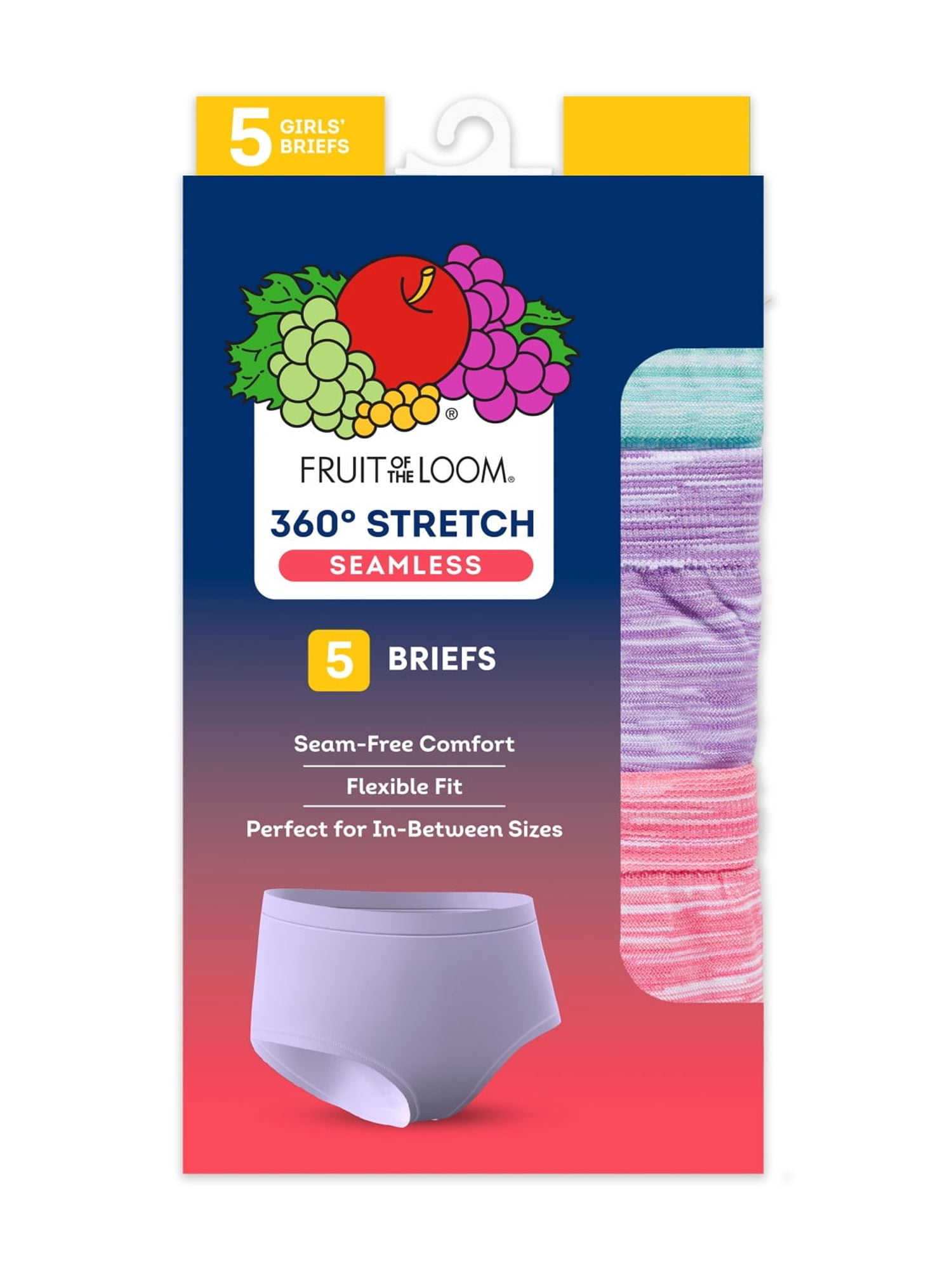Fruit of the Loom Girls' Seamless Brief Underwear, 5-Pack, Flexible Sizes 6-16