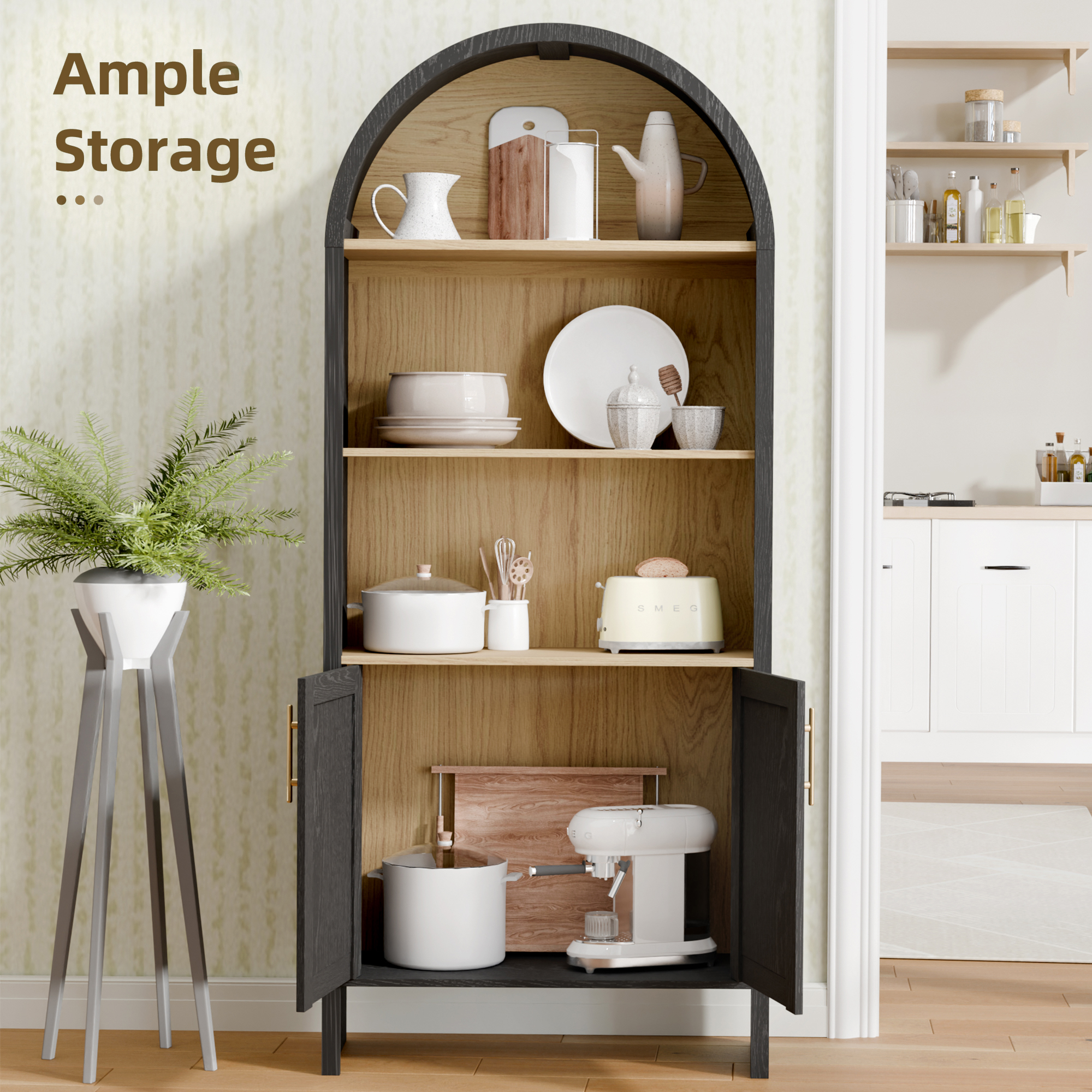 MAYEERTY Arched Accent Cabinet with Cross Panel Doors, Elegant Display for Living Room & Entryway, 60" Black Beech