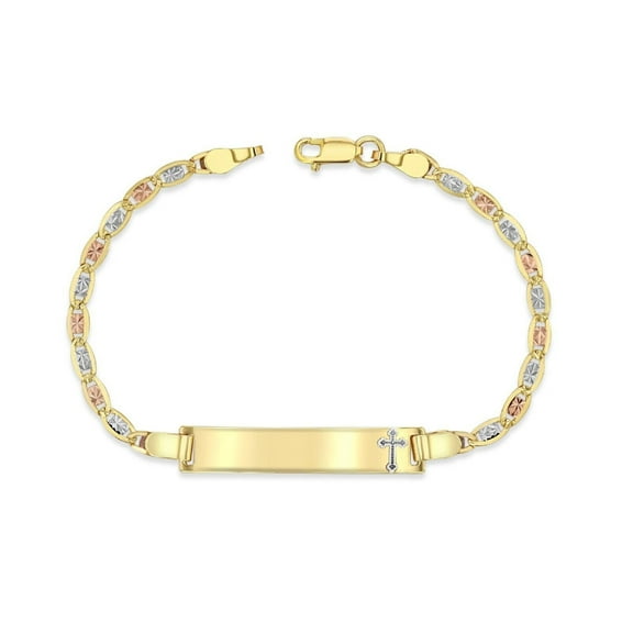 14K Tri-Color (Yellow, White, Rose) Gold 3mm Chain Baby ID Bracelet with White Gold Cross