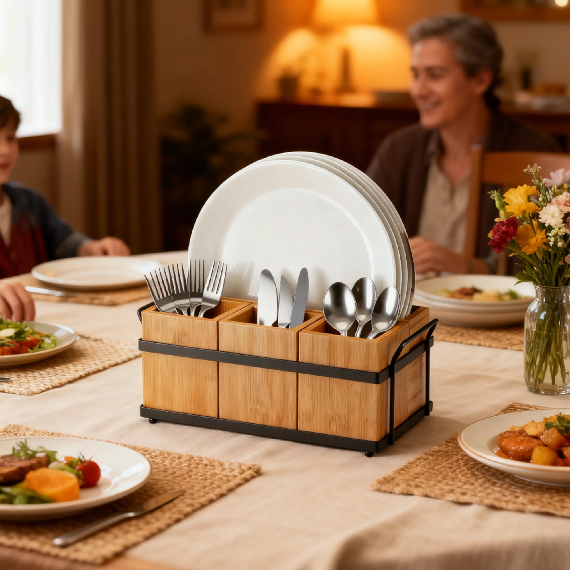 Silverware Caddy, Silverware Holder, Utensil Caddy with 4 Removable Compartments, Bamboo Paper Plate Dispenser with Divider,  Organizer Box for Spoons Forks Plates Napkins