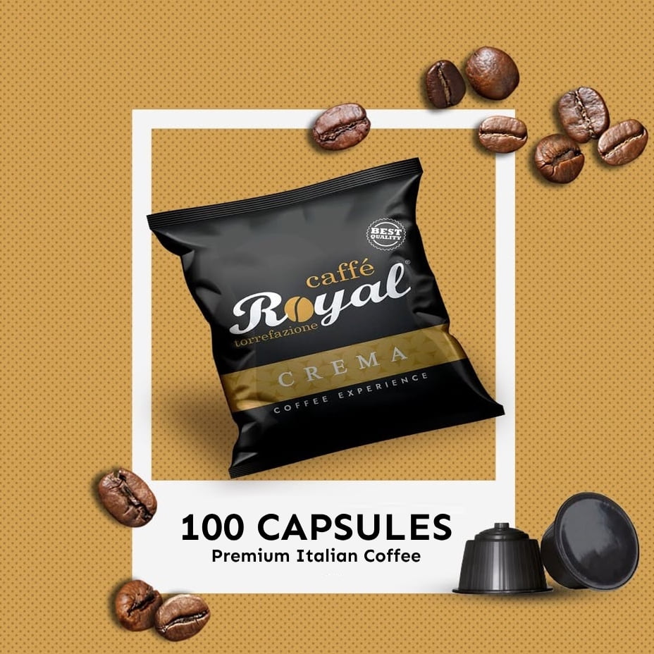 Royal Caffé Italian Coffee Pods, Crema Blend Medium Dark Roast, Arabica & Robusta Beans, for Nespresso Original Machine Compatible, 100 Count (1 Pack) Capsules, Made in Italy