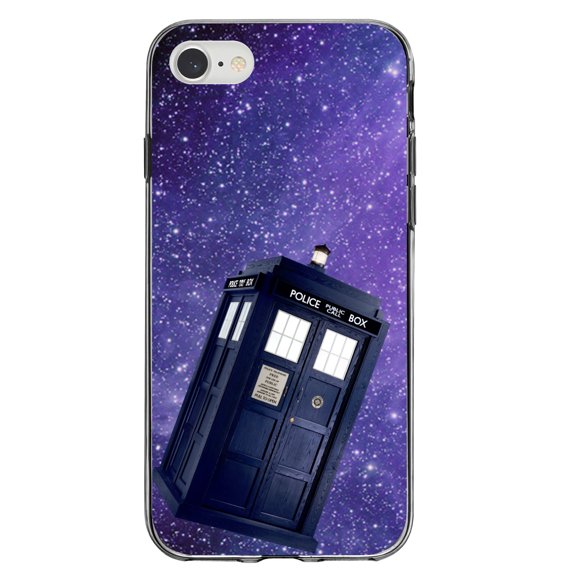 DistinctInk Clear Shockproof Hybrid Case for iPhone 7 8 SE (2020 Model) 4.7" Screen TPU Bumper Acrylic Back Tempered Glass Screen Protector - TARDIS Floating in Space