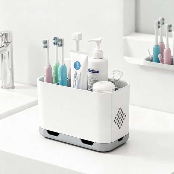 Toothbrush Holder, Sink Organizer with Drain Tray for Bathroom & Kitchen - Sponge, Soap, Dish Brush, Scrubber Storage Rack