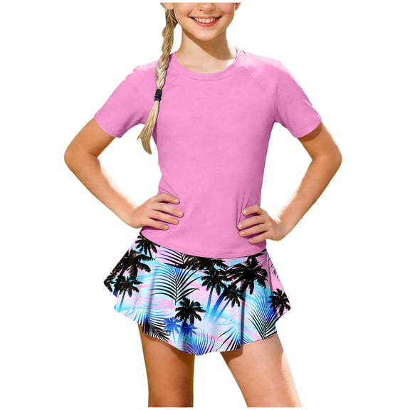 BOBOGOJP Girls Rash Guard Swimsuits Short Sleeve Swimwear Skirt with Built-in Shorts Girls Bathing Suits Size 6-14 Pink for Size 13-14 Years