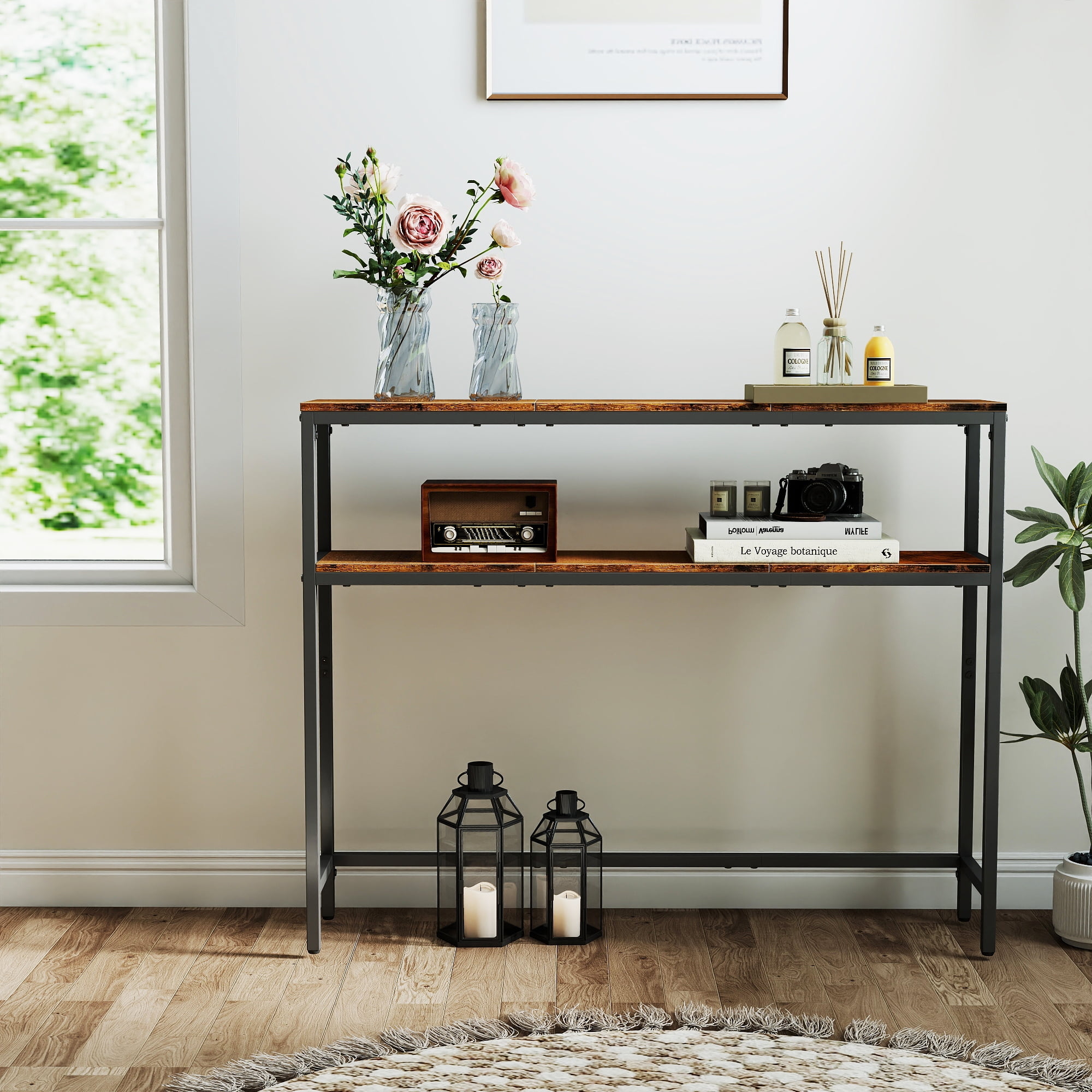 LEDREM 2-Tier Console Table with Shelves,Narrow Entryway Table,39.4-inch Modern Table,Adjustable Feet,Rustic Brown and Ink Black