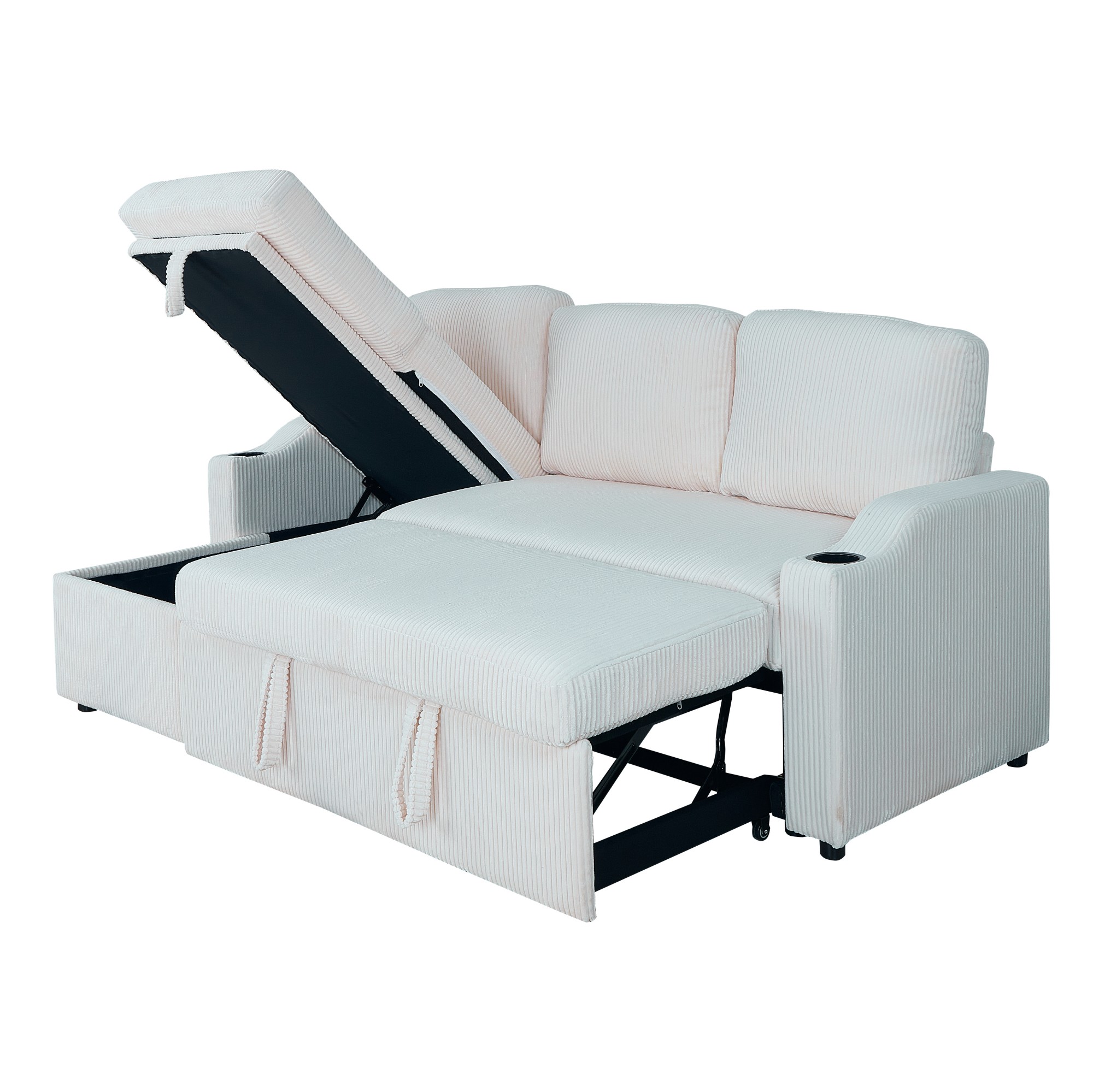 Gewnee Pull Out Sofa Bed,3 In 1 Sleeping and Seating Sofa with Storage Function,with Corduroy Fabric L-shaped Sofa,Suitable for Living Room,Bedroom and Apartment（Beige)