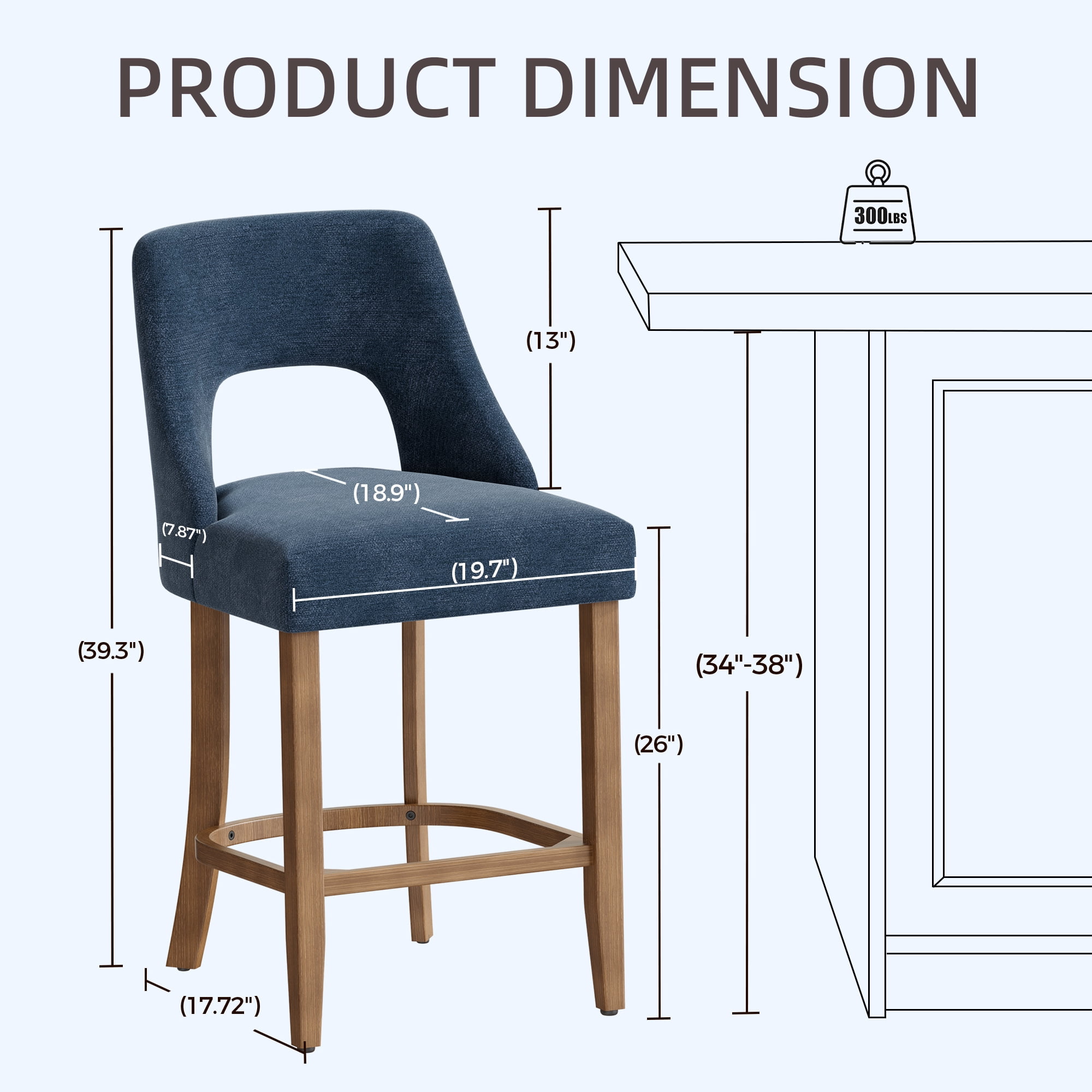 Jopath Set of 2 Bar Stools, Upholstered Counter Height Bar Stools, Modern Counter Stools with Wood Legs for Kitchen Island Dining Room Bar Navy