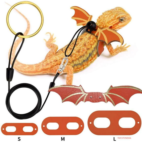 3-Size Reptile Leash & Harness Set with Color Wings - Adjustable Bearded Dragon Lizard Vest for Walking, Small Pet Costume Escape Proof Straps (S/M/L)-red