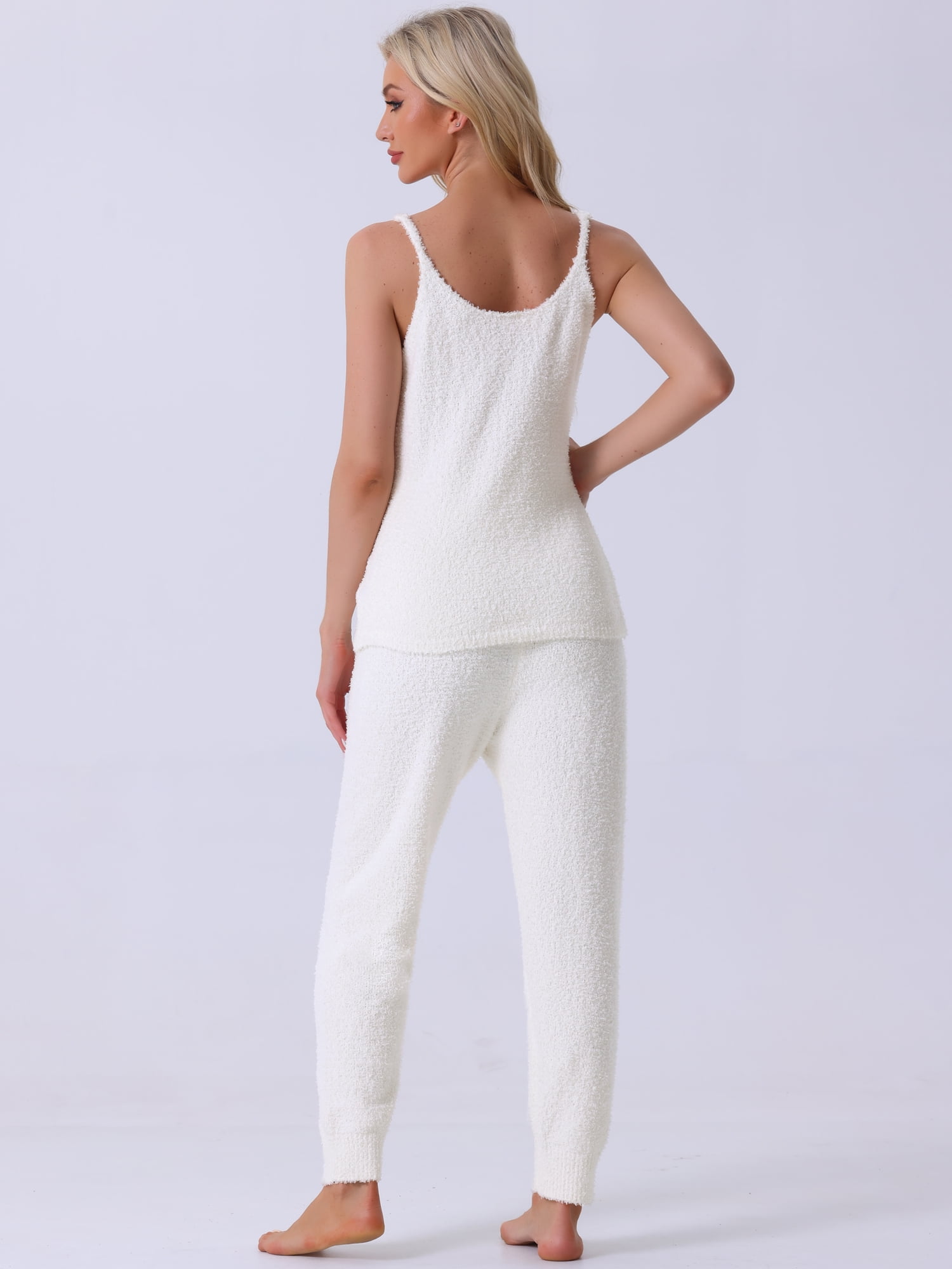 DARING DIVA Women's Fluffy Fleece Pajama Set with Sleeveless Cami and Joggers White S