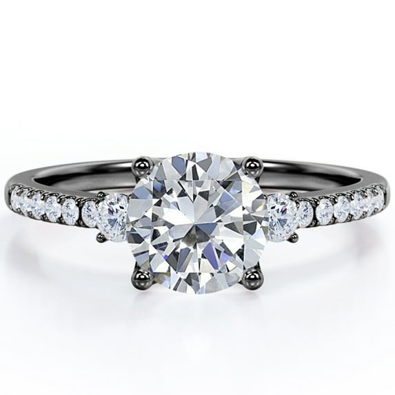 Three Stone - 1.25 Carat Round Brilliant Cut Moissanite - Pave Engagement Ring - 18K Black Gold Plating Over Silver