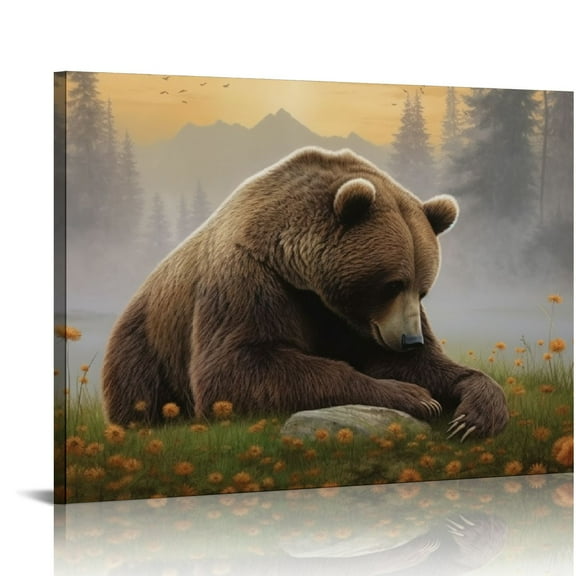 Acheng Autumn Slumber Brown Bear Foliage Canvas Wall Art, Design 20x16in