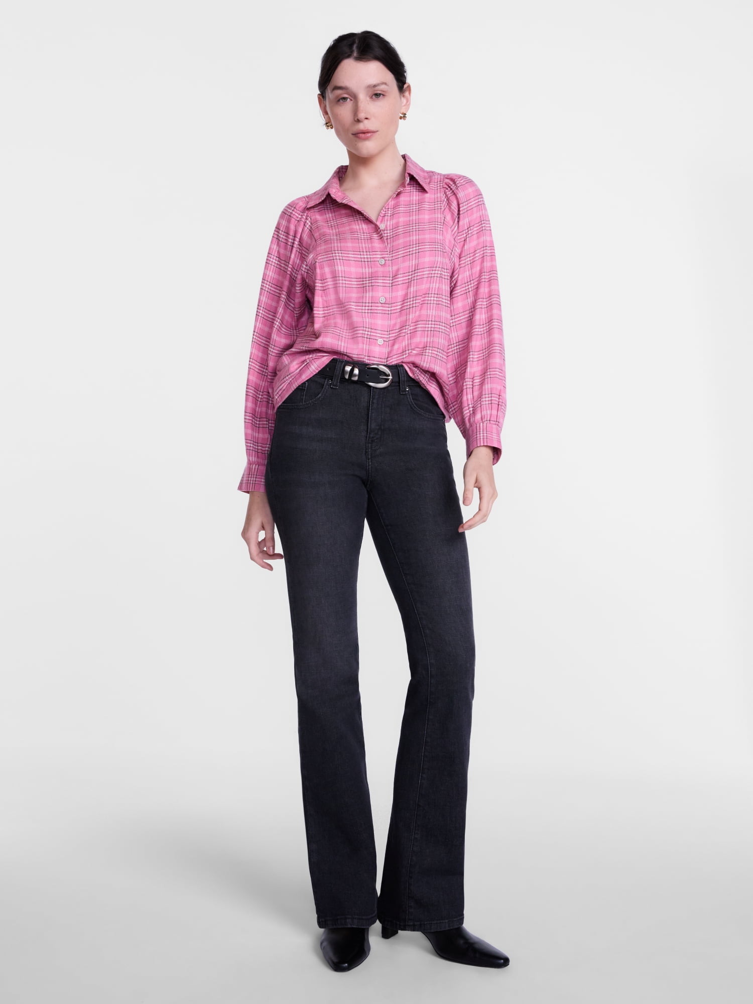 Scenario Women's Plaid Shirt with Long Puff Sleeves, Sizes XS-XXXL