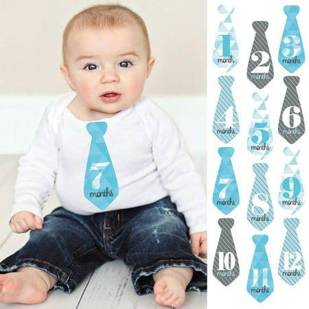 Geometric Blue & Gray - Tie Baby Boy Monthly Stickers - Baby Shower Gift Ideas - Necktie 12 Piece