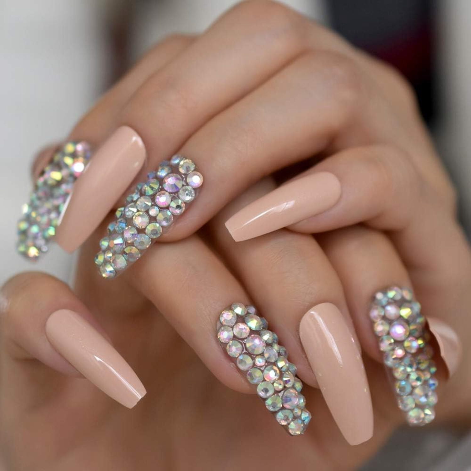 Nude Pink 3D Crystal Press On Nails, Extra Long Ballerina Rhinestones Fake Nails Set, Sugar Spice