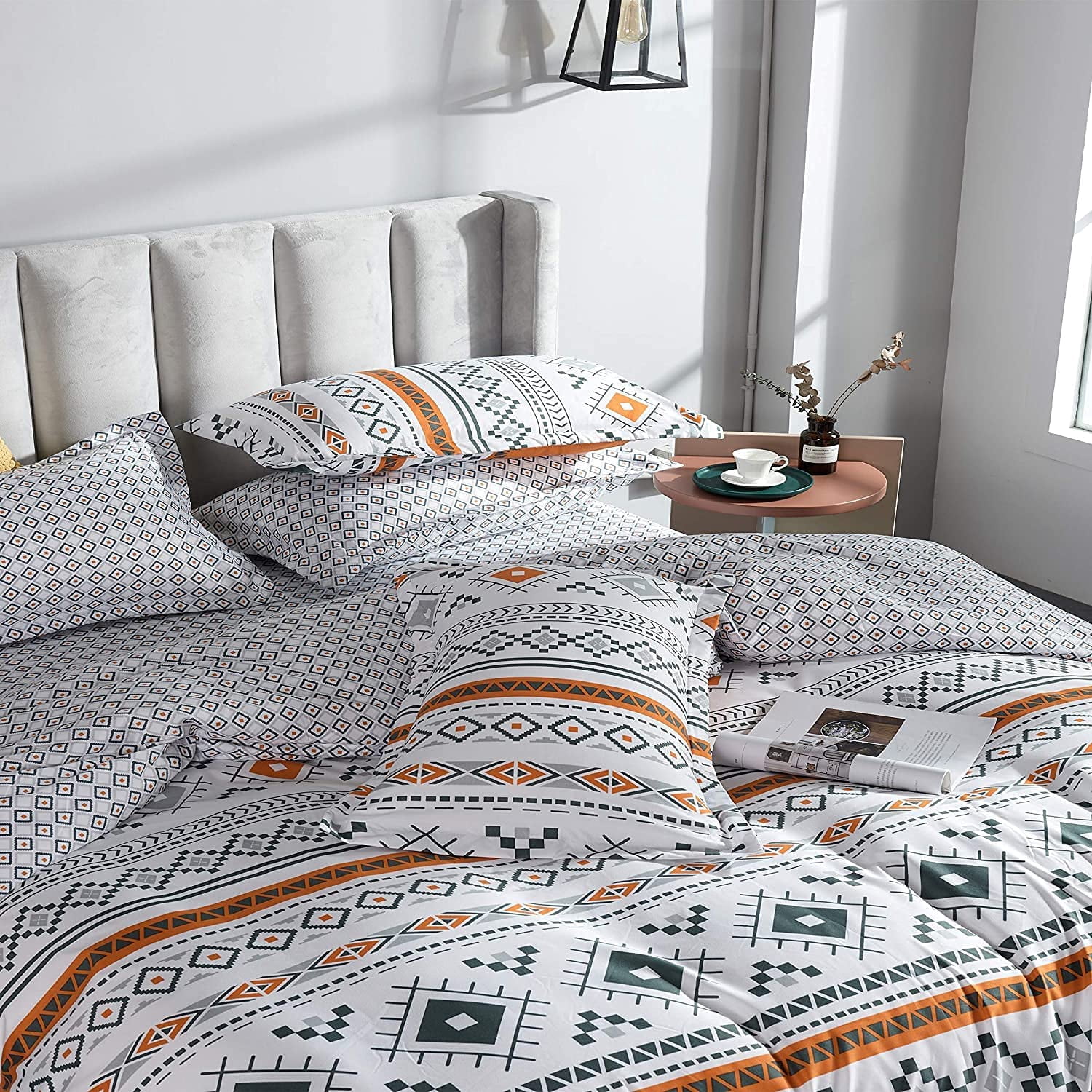 Bohemian Duvet Cover Set Queen Boho Orange and White Geometric Comforter Cover Set Full 90"x90" Soft Breathable Durable Geometrical with Zipper Closure and Corner Ties 3 Pieces Bedding Set