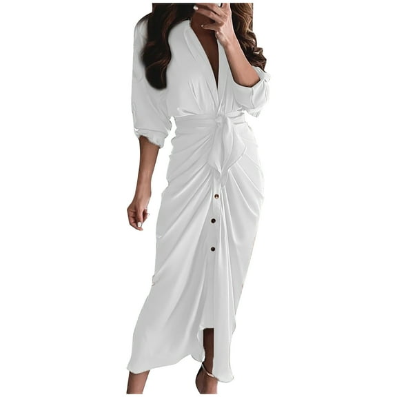 LYXSSBYX Womens Dresses under 10.00 Fashion Women's Sexy Summer Casual Full Sleeve Solid Button Fork Opening Dress