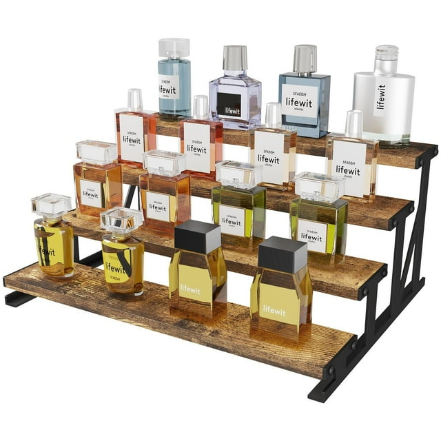 Elevador de madera de 4 niveles con soporte de metal, soporte de colonia de 13.9 pulgadas, organizador de perfume, estante de exhibición para fragancia, cuidado de la piel, figurita