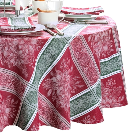 Home Fashions Poinsettia Plaid Red/Green Holiday Christmas Woven Jacquard Cotton Tablecloth, 60"x84" Oval, Multi