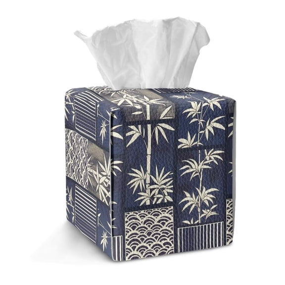 FKELYI PU Leather Tissue Box Cover Retro Bamboo Print Squared Tissue Holder Organizer with Button Modern Decoration for Home Bathroom Kitchen Office