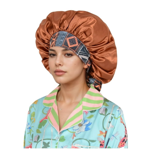 Women Silk Bonnet for Sleeping Satin Lined Hair Bonnet with Floral Tie Band for Curly Hair Protection - Coffee