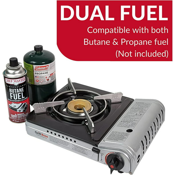 Grill Boss 90057 Dual Fuel Camp | Works with Butane and Propane | Perfect for Camping and | Emergency Kitchen Stove | Single Burner 12K Btu Output Single Burner