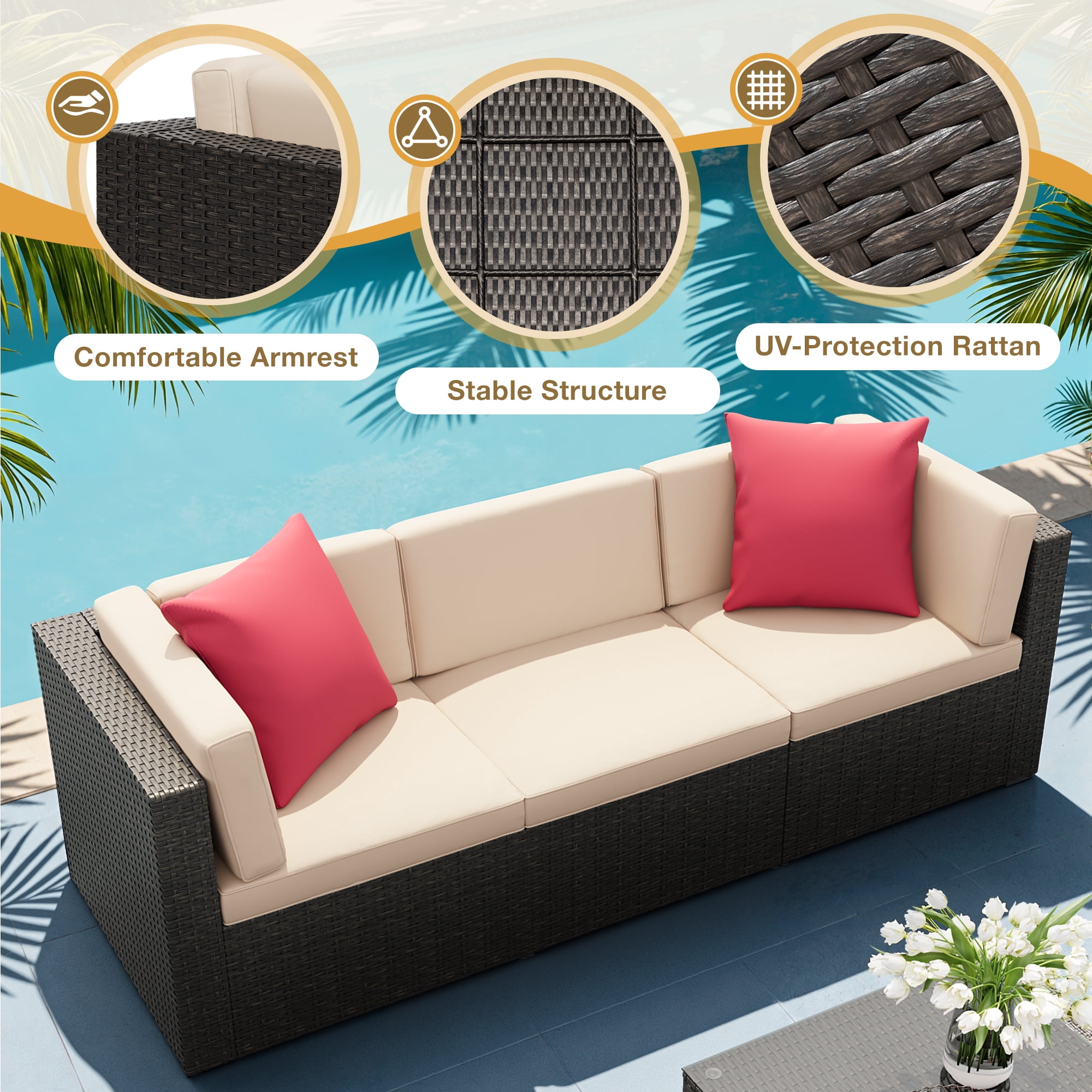 Lacoo 7 PCS Patio Outdoor Furniture Wicker Sectional Sofa with Cushion, Beige