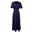 thumbnail image 4 of Vestido largo elegante de cuello en V y cintura alta para mujer: mangas plisadas, abertura lateral, fruncido, vestido de noche para bodas y fiestas., 4 of 5