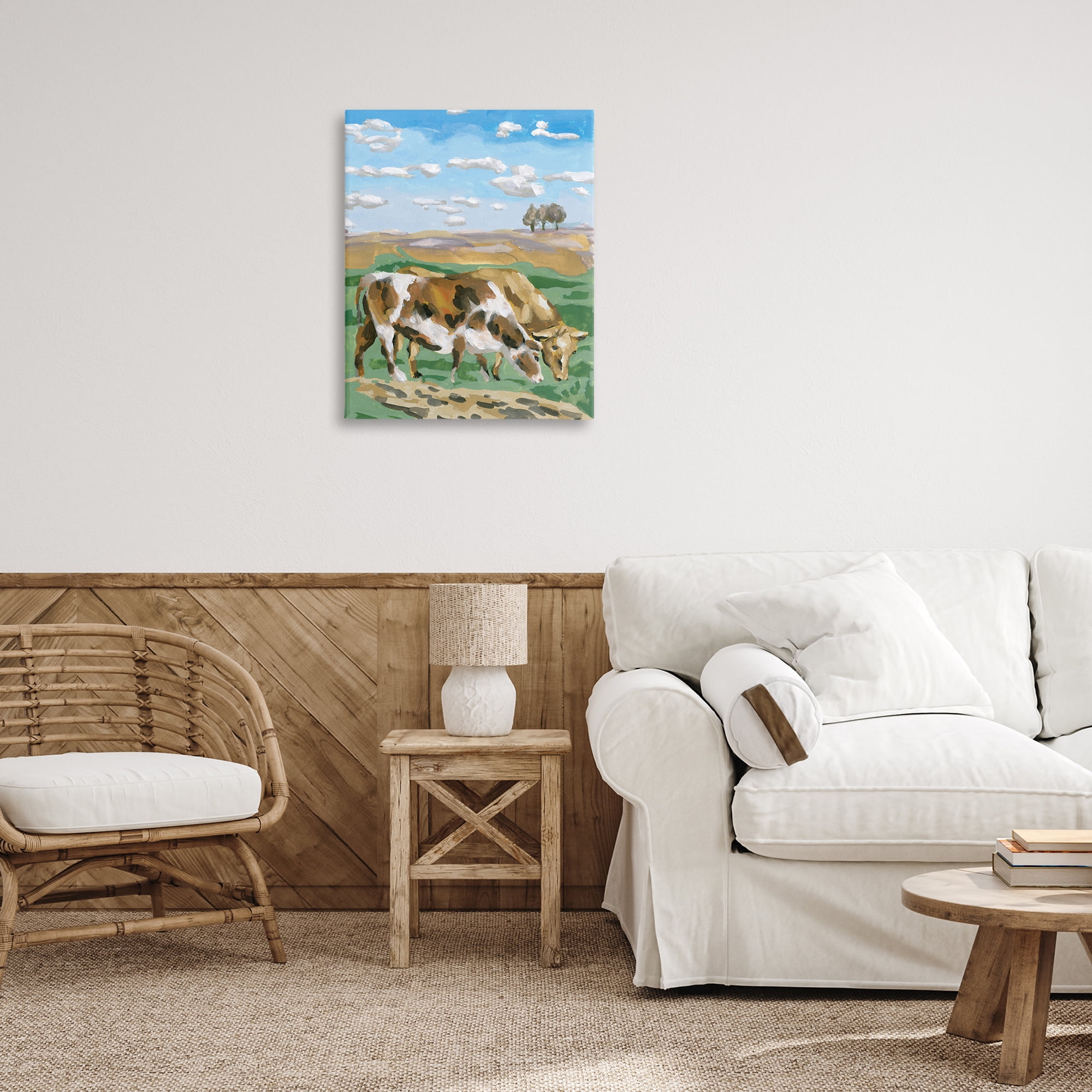 Stupell Industries Cattle Pair in Farmland Animals Painting Wrapped Canvas Art Print Wall Art, 24 x 30