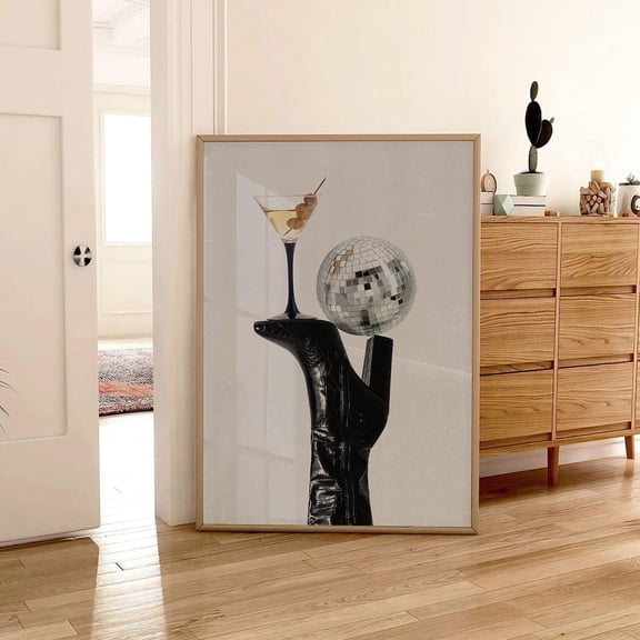 Retro Black Boot Martini Wall Art, Disco Ball Print, Yappy Hour Print, Trendy Bar Cart Poster, Vintage Femme Fatale Cocktail Art Print Home Decor #729, Unframed Poster Size 8x12