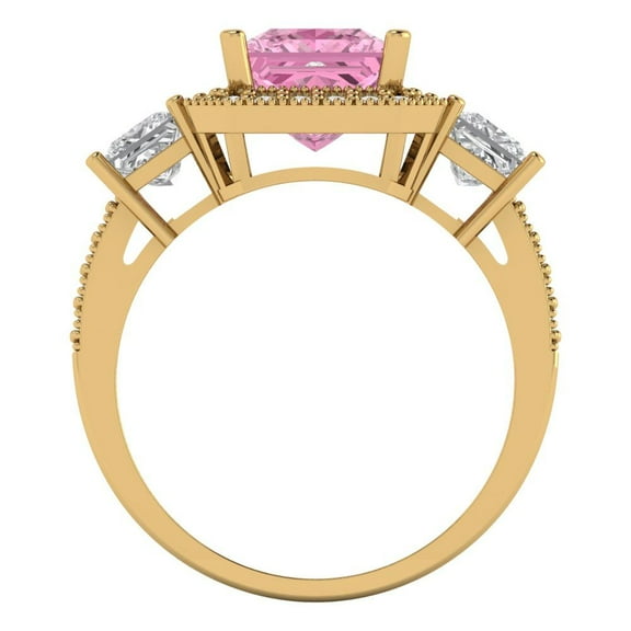 3.005 ct Princess Cut Simulated Pink Diamond Three-Stone Engagement Ring for Women in 18K Yellow Gold