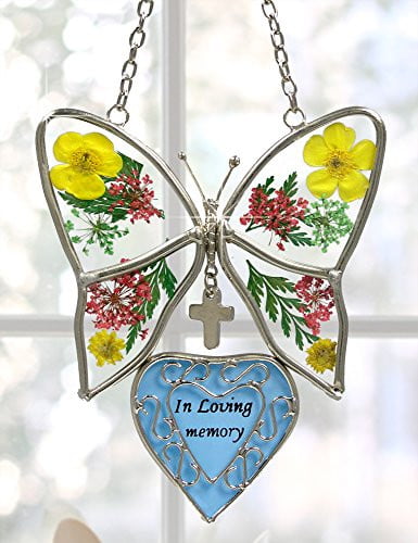 NEW In Loving Memory Butterfly Stained Glass with Flowers Suncatcher 
