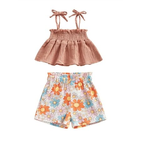 

Wassery Toddle Girls Clothes Outifts Solid Color Tie-Up Spaghetti Strap Sleeveless Sling Tank Tops and Flower Print Shorts 2Pcs 6M-4T