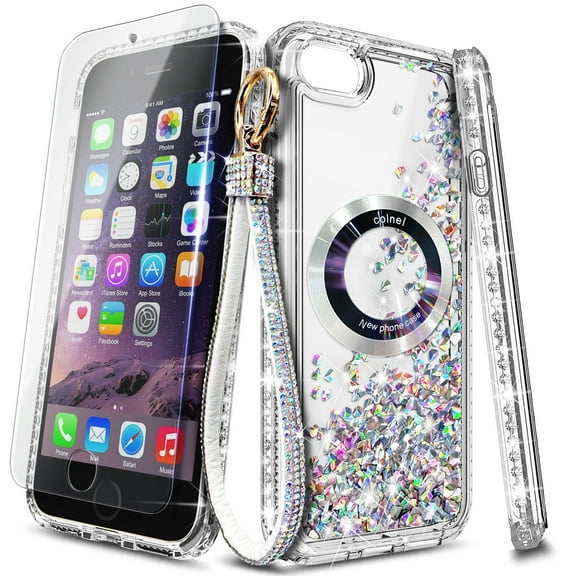NageBee Designed for iPhone 8 Plus, iPhone 7 Plus /6 Plus /6S Plus Magnetic Case for MagSafe, Tempered Glass Screen Protector/Wrist Strap Lanyard, Glitter Floating Liquid Cute Case (Diamond)