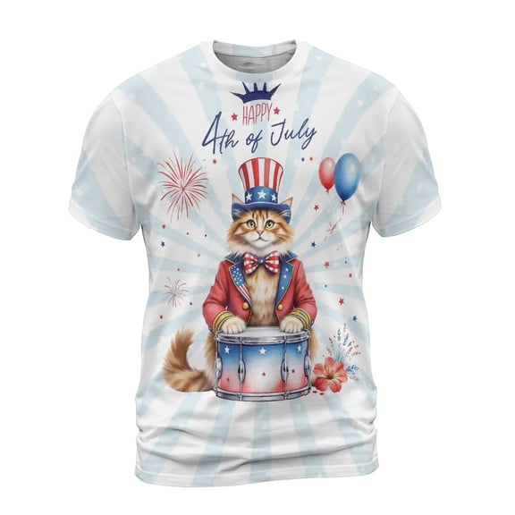 Happy 4th of July Patriotic Maine Coon Marching Band Uniform Balloons Fireworks All Over Print 3D Shirt Unisex Merch Cat Lover Kitten Owner Gifts - 13009