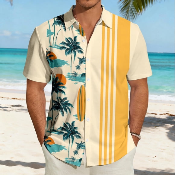 Men's Short Sleeve Button Down Bowling Shirt with Casual Print for Everyday Leisure and Wear