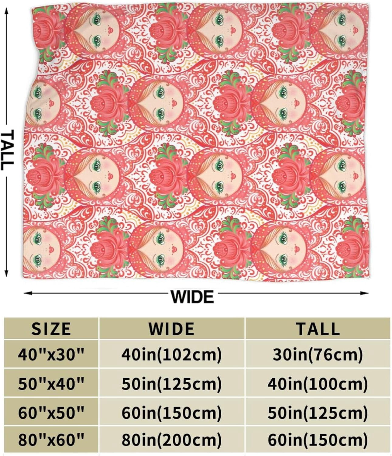 Traditional Russian Nesting Doll with Flowers Bed Blanket Ultra Soft Throw Blanket All Season Warm Light Weight Cozy Plush Blankets for Home Bedroom Sofa Chair Travel, 60"X80"