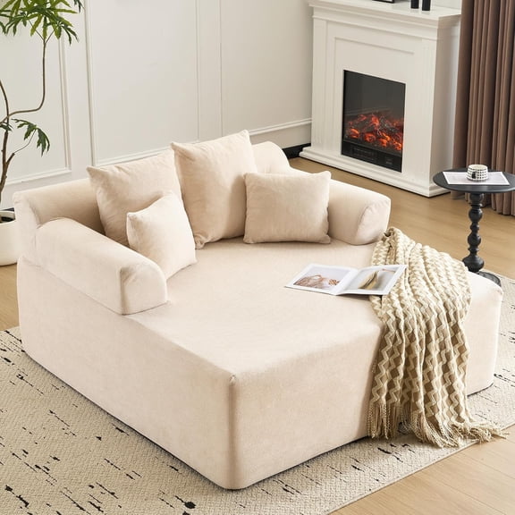 61 Inch Chaise Lounge Indoor,Oversized Upholstered Boneless Sofa Bed with Pillows, Fabric Sleeper Chair Reading Chairs with Armrests,Cloud Couches for Living Room,No Assembly Required(Beige)