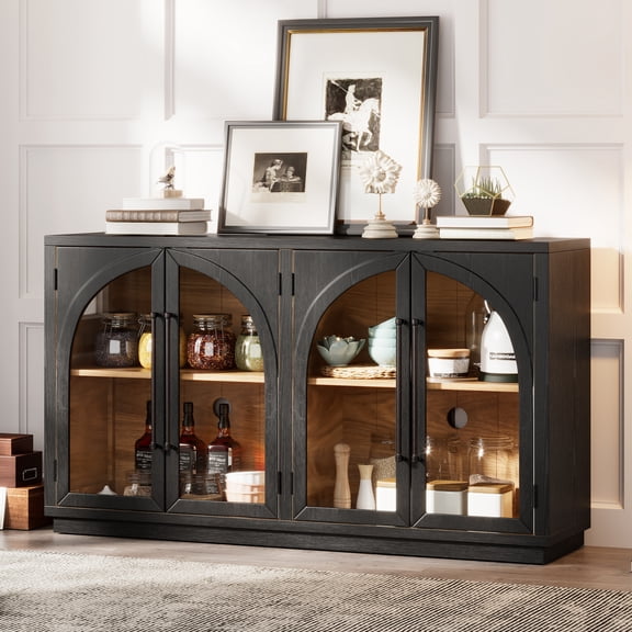 Lisonu Black 4-Door Sideboard Buffet with Glass Doors – Arched Retro Storage Cabinet with Adjustable Shelves, Cable Management & Magnetic Locks, 275 lb Tabletop, for Kitchen Dining Living Room