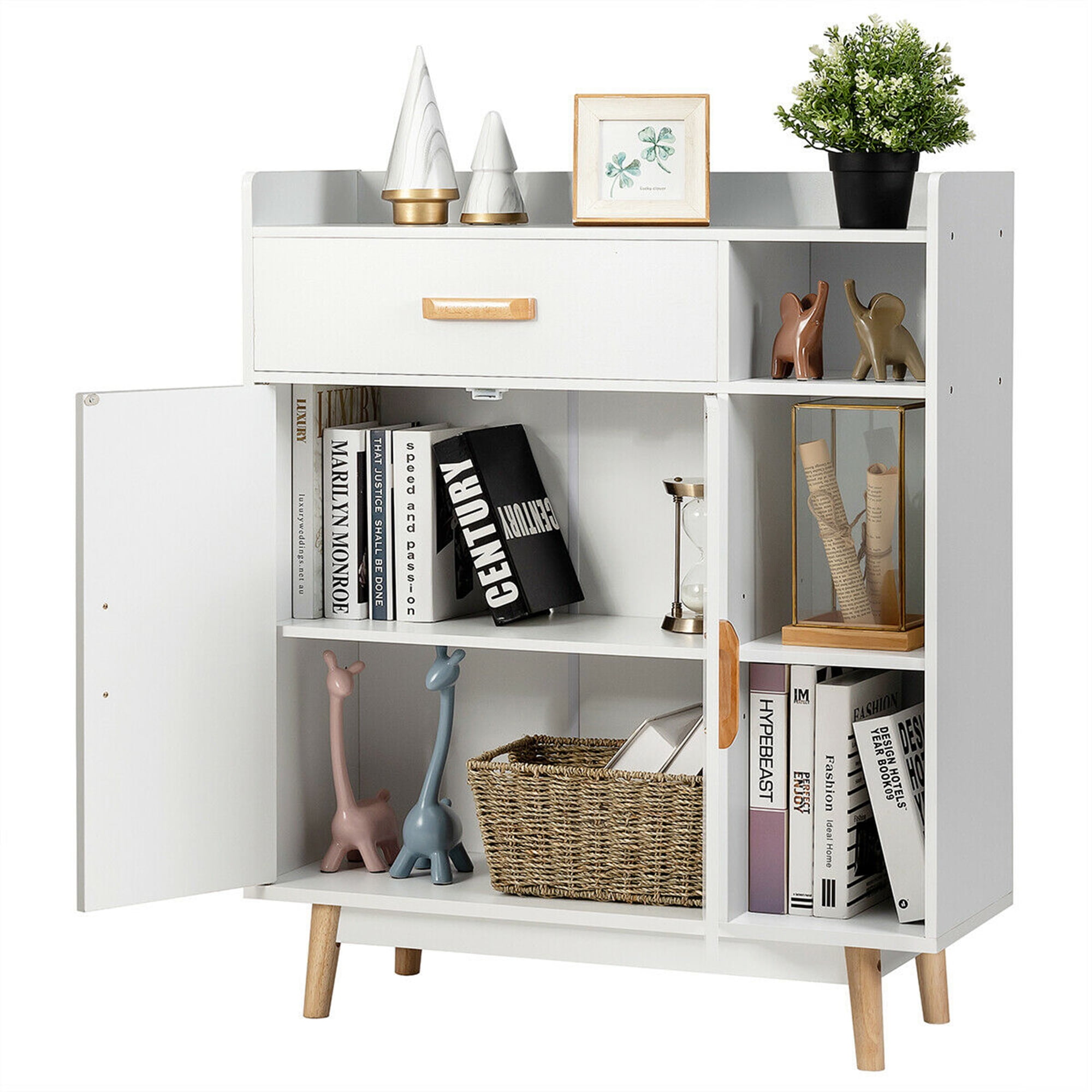 Gymax Floor Storage Cabinet Free Standing Cupboard Chest w/1 Drawer 2 Doors 3 Shelves