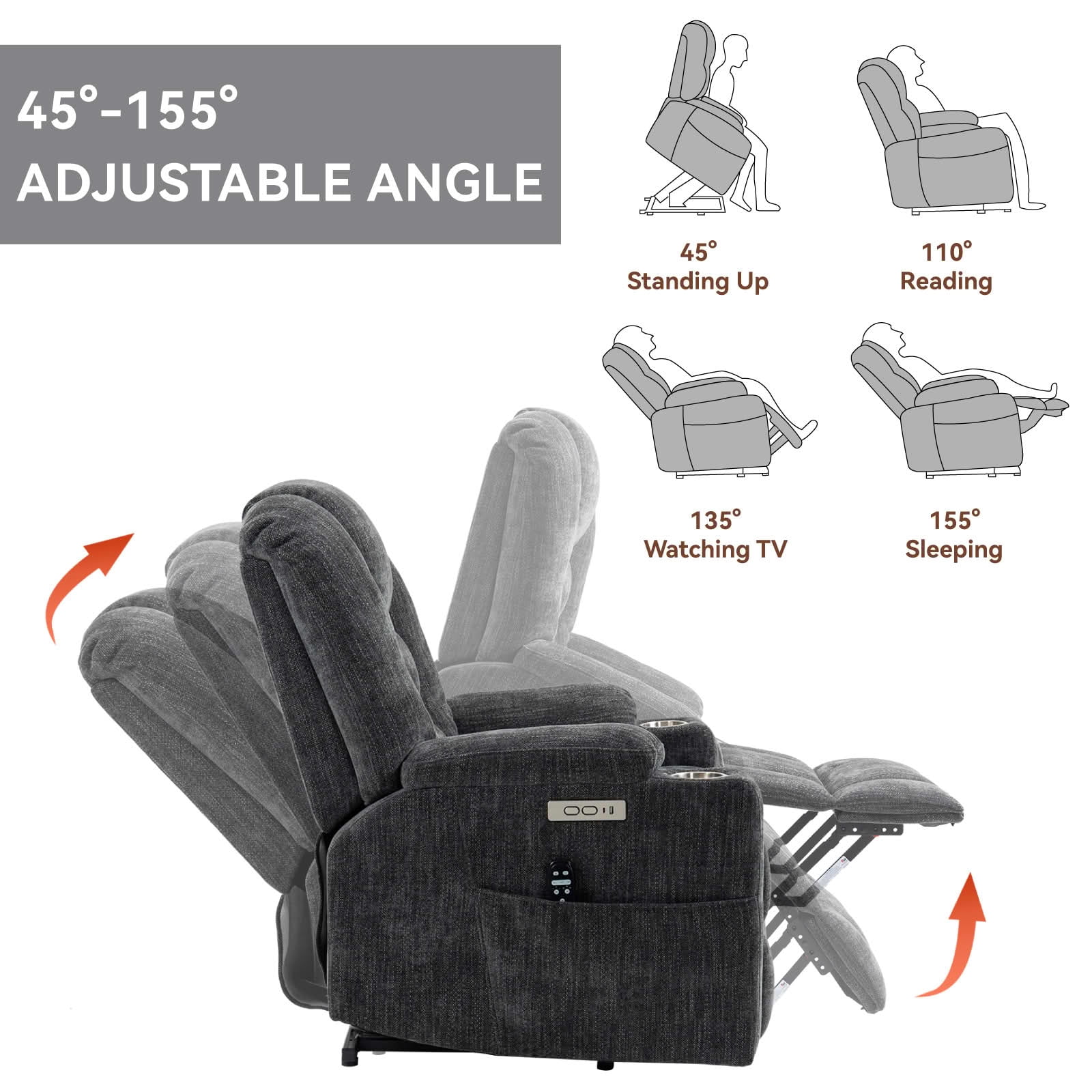 MAYEERTY Dark Grey Chenille 350lbs Power Lift Recliner, Massage Heat USB-C 34"x39"x42" Wide Overstuffed for Elderly