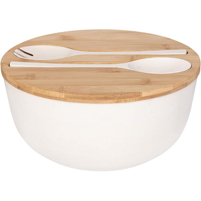 Cuenco para mezclar de fibra de bambú para cocina, cuenco grande para ensalada con tapa de bambú macizo, incluye utensilios para servir, material ecológico no tóxico, apto para lavavajillas, fácil de