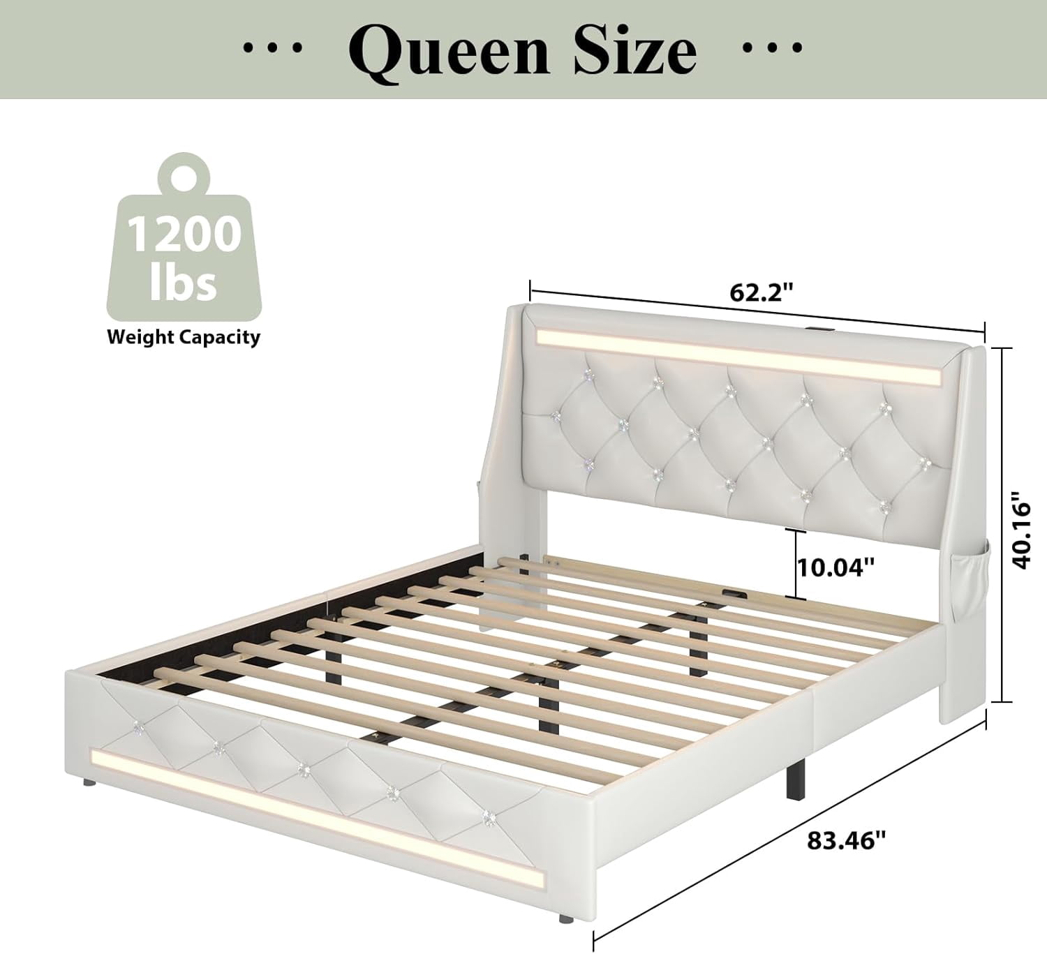 Gewnee Queen Size Faux Leather Platform Bed Frame, Diamond Tufted Wingback Headboard, LED Lights, 4‑in‑1 Charging Station, Side Pockets, Noise‑Free, No Box Spring Needed, White