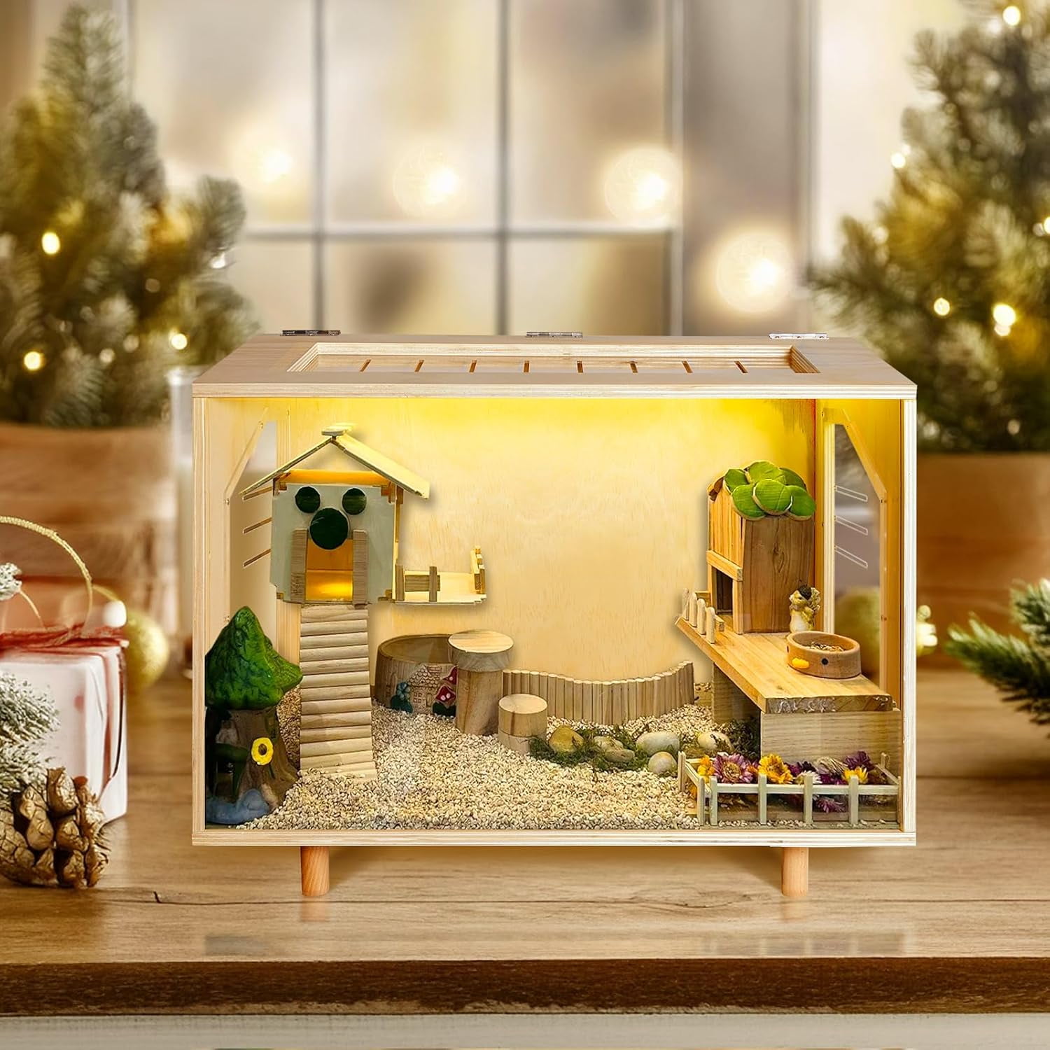 Wooden Hamster Cage - 24 inch Guinea Pig Cage Clear Small Animal cage with Open top Hamster Habitat Wooden Frame with Acrylic Panel