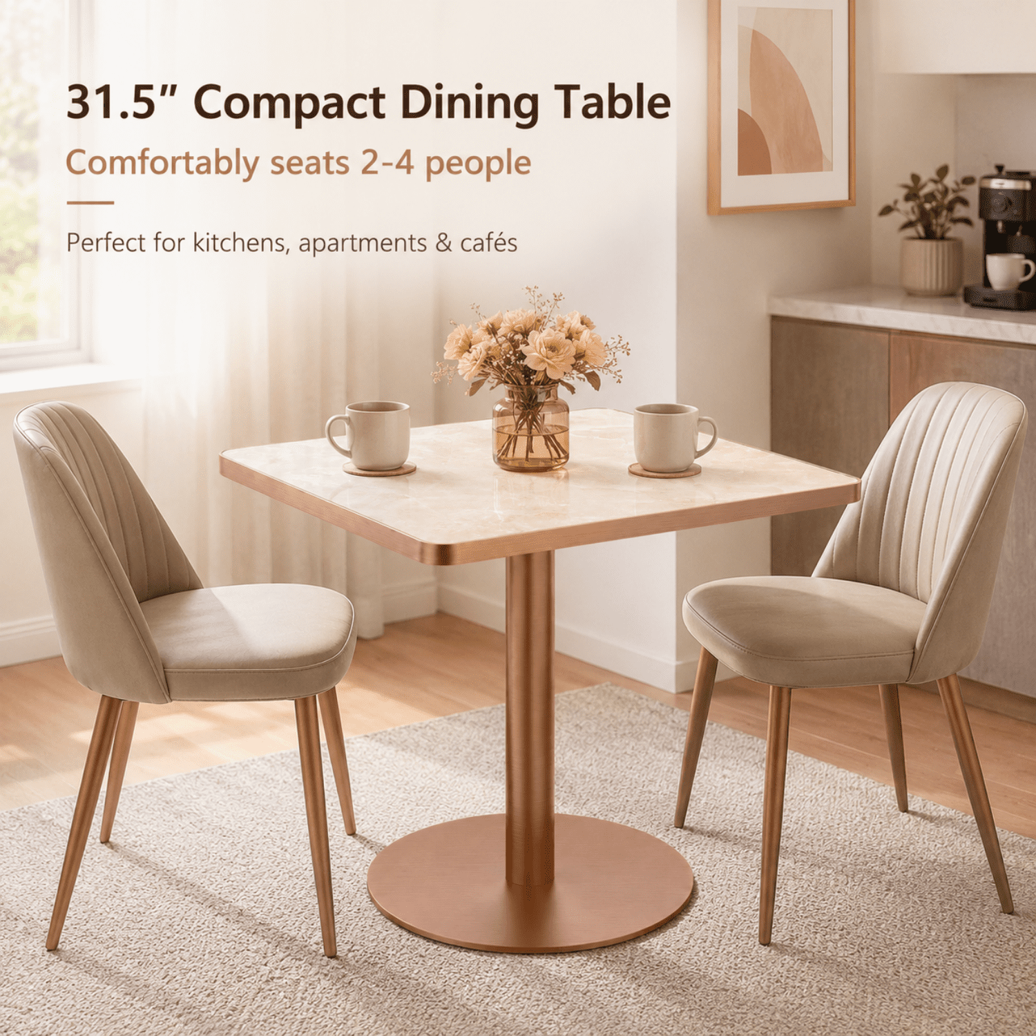 Miniyam 31.5 in Square Dining Table for 2-4, Marble-Look Sintered Stone Top, Stainless Steel Pedestal Base for Small Space, Pink