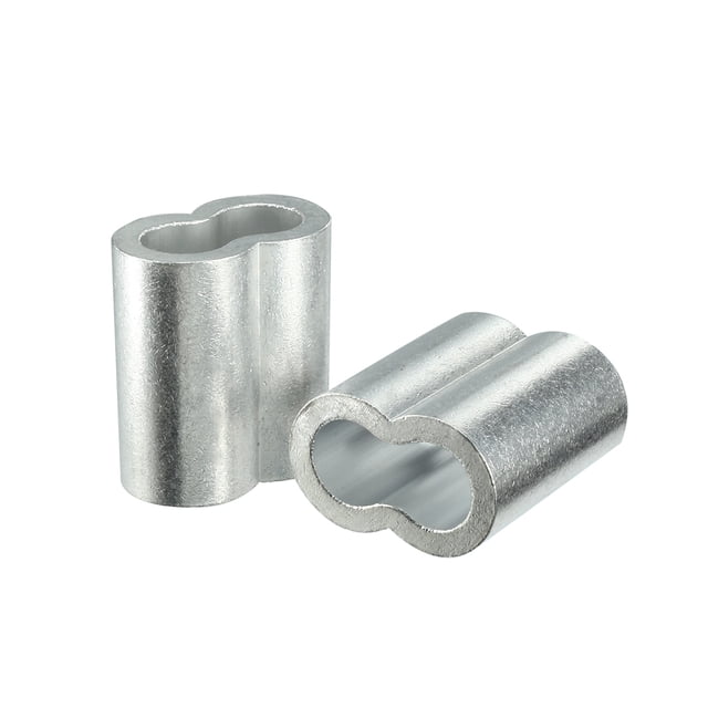 Unique Bargains 12mm 1/2-inch Cable Wire Rope Aluminum Sleeves Clip Crimping Loop, 2 pieces. These silver-tone aluminum sleeves feature a double-hole design, ideal for securing loops when anchoring cables. Each sleeve measures 40 x 35 x 22mm (1.6 x 1.4 x 0.87 inches) and fits steel wire ropes with a diameter of 12mm (1/2 inch). Capable of holding up to 7500kg when properly applied. Suitable for home improvement and hardware applications.