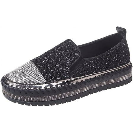 Women s Fashion Rhinestone Slip On Sneakers Casual Comfort Platform Walking Shoes Cute Bowknot Glitter Bling Loafers
